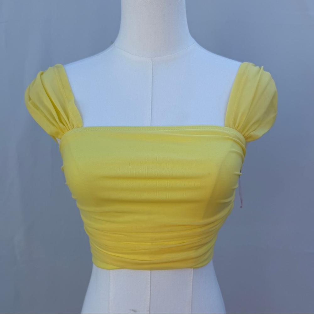 Butter Yellow Ruched Mesh Crop Top Disneybound Belle Sz S NWT
